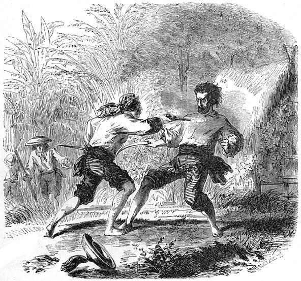 Paul de la Gironiere shooting the bandit Cajoui, from Aventures d’un Gentilhomme Breton aux iles Philippines by Paul de la Gironiere, published in 1855